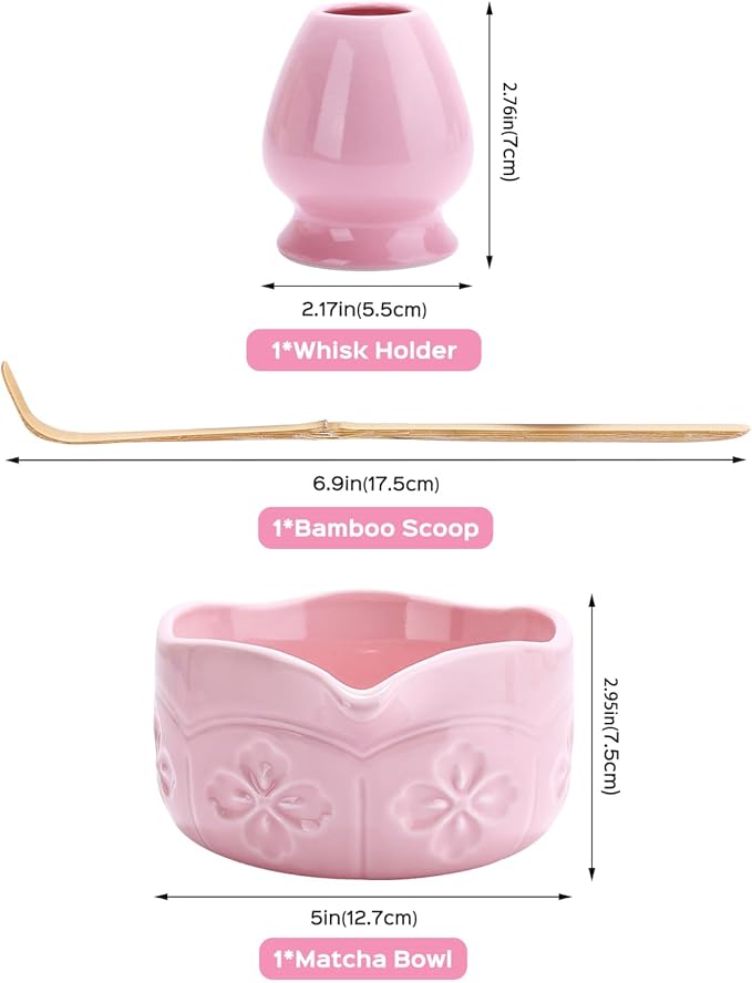 Matcha Whisk Set, Ceramic Matcha Set Includes Matcha Bowl with Spout, Matcha Whisk and Holder (Pink, 3Pcs/set)
