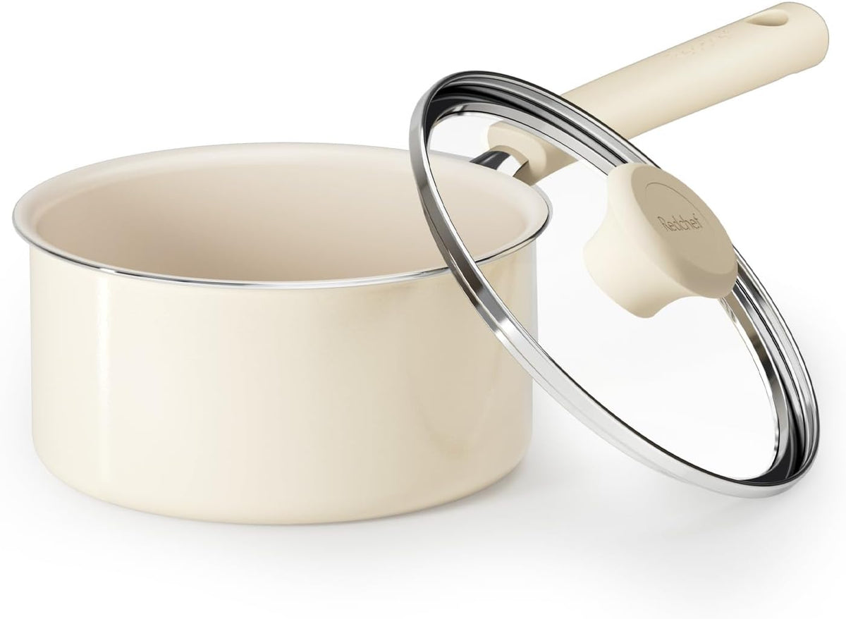 Redchef Ceramic Nonstick Saucepan with Lid, 1.5QT Small Cooking Pot, Non Toxic Sauce Pans for Kitchen, Cool Handle PFAS Free Compatible with All Cooktops, White