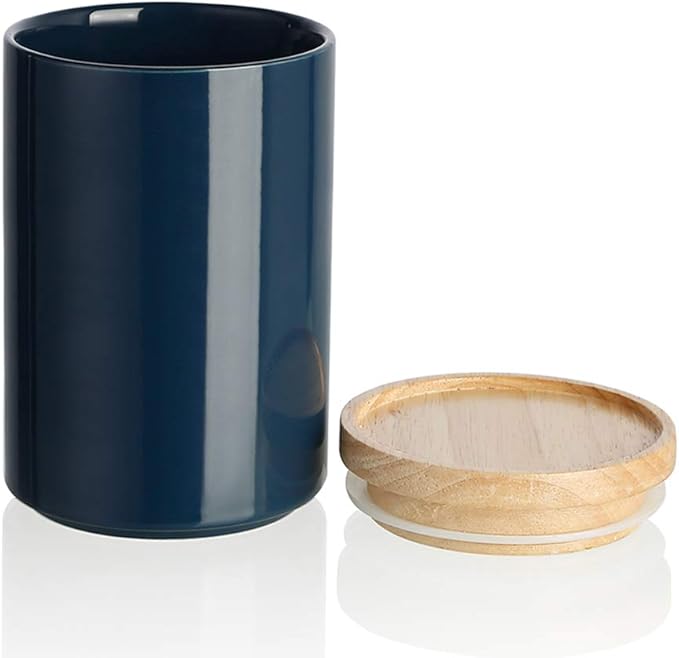 Sweejar Kitchen Canisters Ceramic Food Storage Jar, Stackable Containers with Airtight Seal Wooden Lid for Serving Ground Coffee, Tea, Sugar, Salt and More - 28 Fl Oz (Navy)