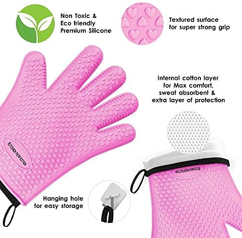 KITCHEN PERFECTION XL Silicone Smoker Oven Gloves-Extreme Heat Resistant BBQ Gloves-Handle Hot Food Right on Your Grill Fryer&Pit|Waterproof Grilling Cooking Baking Mitts|Superior Value Set+3 Bonuses