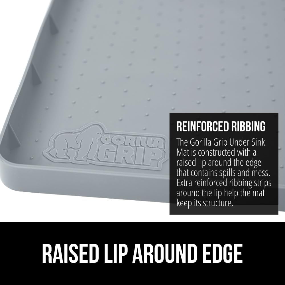 GORILLA GRIP Waterproof Silicone Under Sink Mat with Raised Lip for Kitchen and Bathroom, 28 x 22 in, Cabinet Shelf Liner Stay in Place Mats Dishwasher Safe Drawer Liner, Organizer Tray, Light Grey