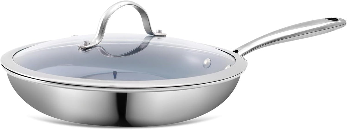 Stainless Steel Non Stick Frying Pan,10 Inch Healthy Non Toxic Ceramic Coating Cookware with Lid,Works on Induction, Electric Stove and Gas Cooktops,PTFE PFAS PFOA Free Skillet,Dishwasher&Oven Safe
