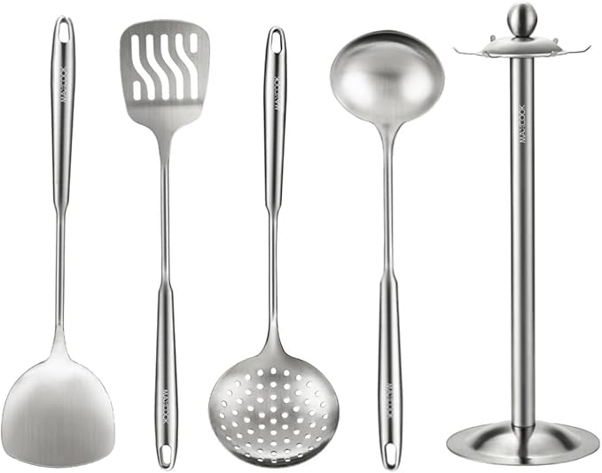 5 Pieces Cooking Utensils set, 18/8 Stainless Steel Kitchen Utensil Set with Rotating Holder (Dishwasher Safe)