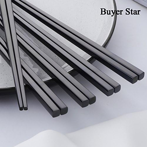 Buyer Star 5-Pair Stainless Steel Black Metal Reusable Chinese Square Chopsticks