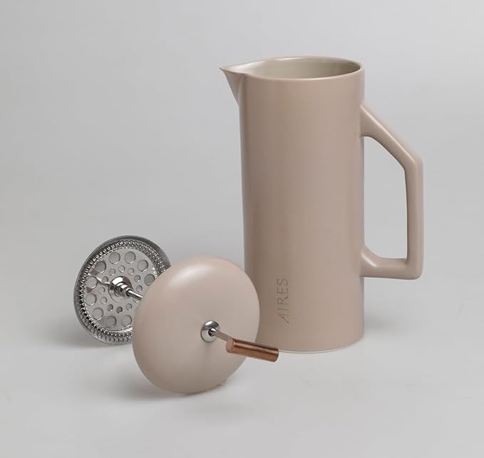 AIRES Ceramic French Press Coffee Maker – 34 oz Heat-Retaining Stoneware – Elegant Neutral Color – Inspired by Buenos Aires Coffee Culture – Gift-Ready with Barista Brewing Guide