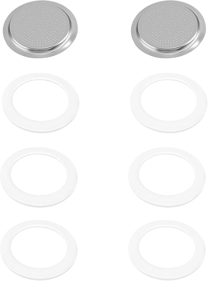 6 Pieces Moka Pot Replacement Cup Gasket with 2 Pcs Stainless Filter Silicone Moka Express Replacement Seals Funnel Kits Compatible Espresso Coffee Maker Parts(1-cup)