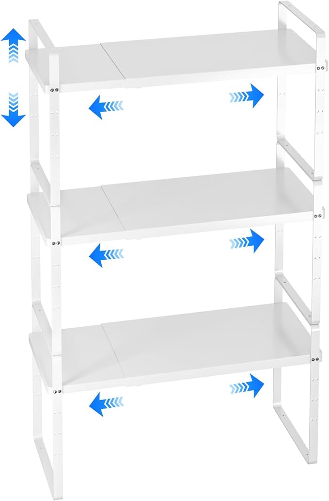 Expandable Cabinet Shelf Organizer, Stackable Kitchen Pantry Counter Storage, Adjustable Closet Cupboard Stand Rack Risers Spice Organization, 80LBS Heavy Duty, White 3 Pack