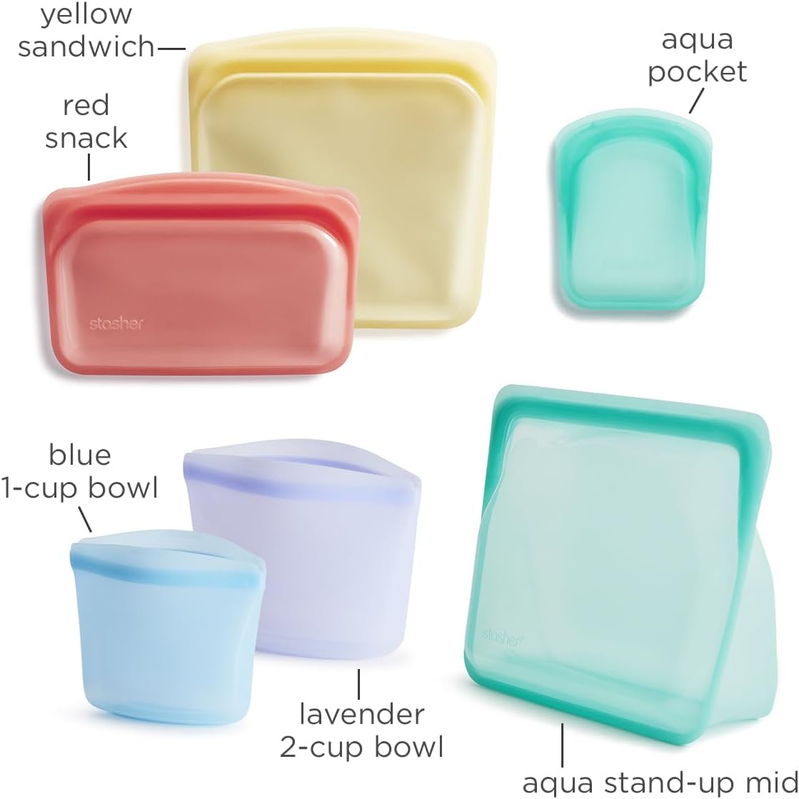 Stasher Premium Silicone Reusable Food Storage Bags, 6-Pack, Rainbow, Multi-Use Food Storage Bags, Lunch Bag, Travel Containers, BPA Free, Leak-free, Dishwasher-Safe, Eco-friendly