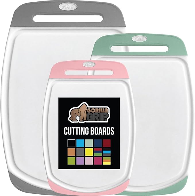 GORILLA GRIP BPA-Free Reversible Kitchen Cutting Board Set of 3, US Designed, Nonporous, Juice Grooves Catch Liquid, Slip Resistant Border, Dishwasher Safe Large Food Chopping Boards, Gray Mint Pink