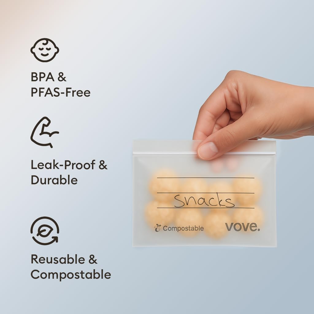 Vove Compostable Snack Bags, Small 50 Count – Freezer Safe, Leak Resistant, Non Toxic, Writable & Reusable Food Storage, Plastic-Free Eco Bags