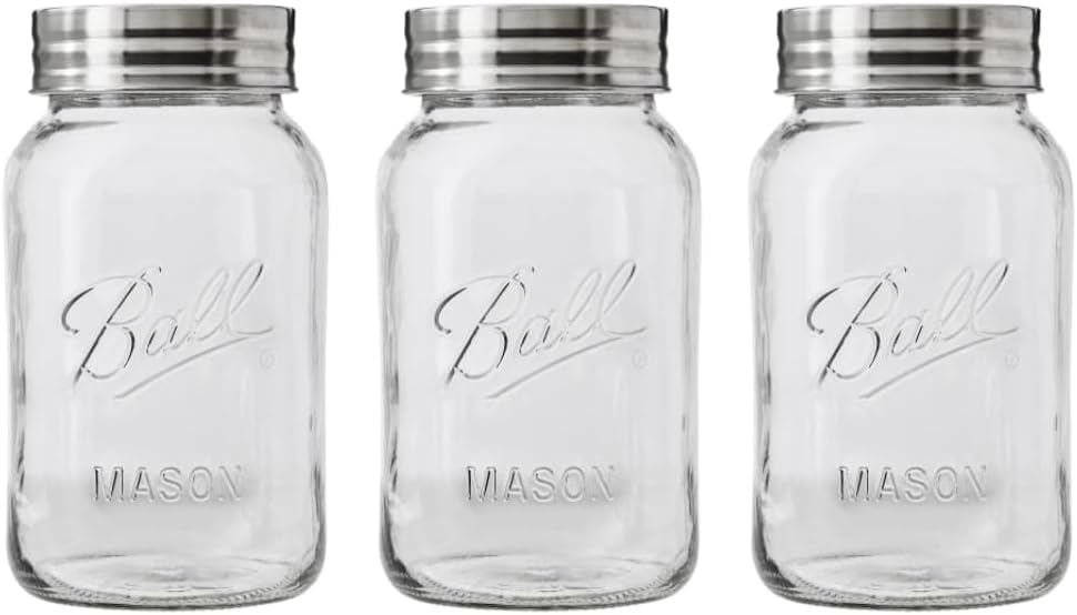 Ball Regular Mouth Glass Mason Jars with Lids and Bands, Used for Canning, Pickling, Juice, Jam, Jelly, Quart Size 32 Ounce (Pack of 3)