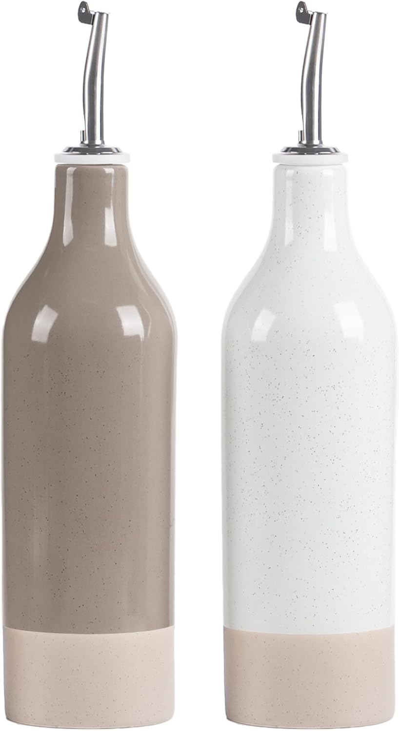 famiware Milkyway 16oz Ceramic Olive Oil Dispenser Bottle, Olive Oil and Vinegar Dispenser Bottle Set of 2 with Stainless Steel Pourers, Suitable for Storage Vinegar, Liquids, White and Cinnamon Brown