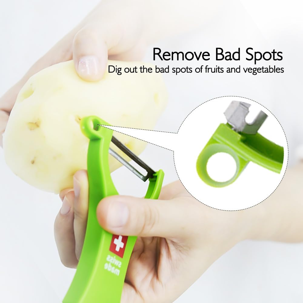 Swiss Peeler Vegetable & Potato Peelers for Kitchen, Original Swiss Made Ergonomic Kitchen Peelers for Effortless Prep - Pack of 3 (Green + Orange + Red)