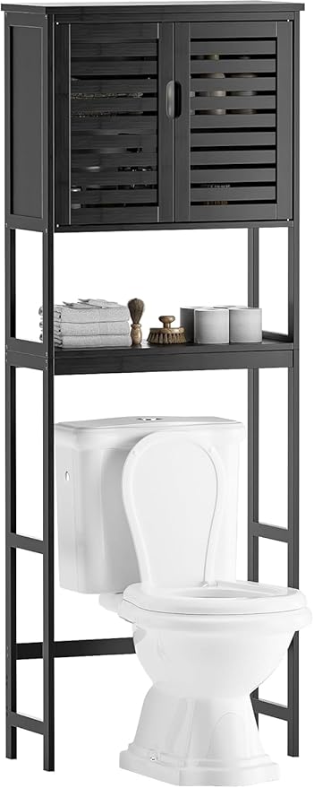 SMIBUY Bathroom Over The Toilet Storage Cabinet, 2 Door Bamboo Cabinet Organizer, Freestanding Space Saver Toilet Rack with Adjustable Inside Shelf and Open Shelf (Black)