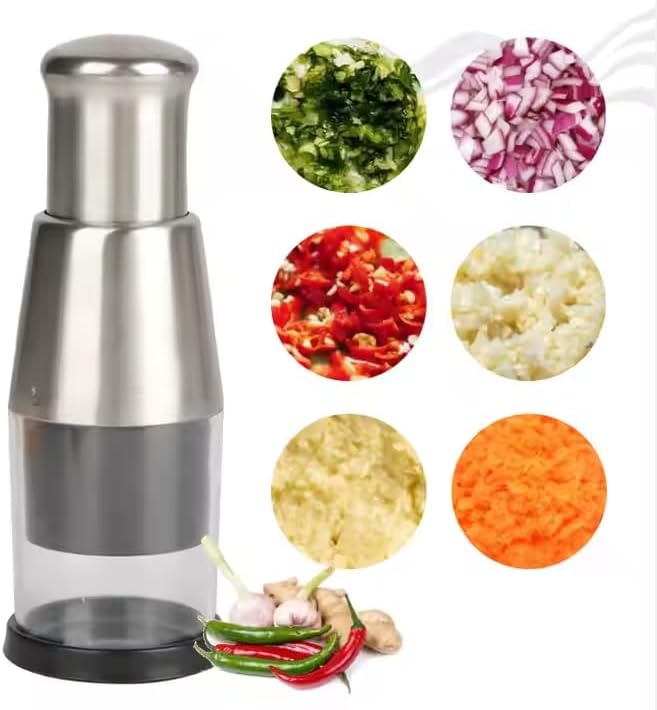 Stainless Steel Garlic Press Mincer with Comfortable Grip, Built-in Spring, 6.3 Inch Height, Clear Collection Cup