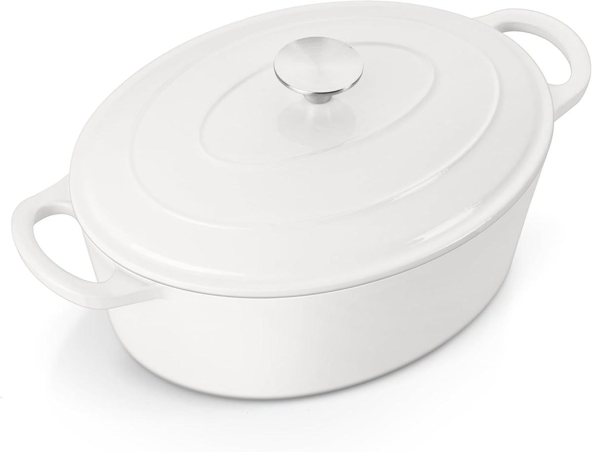 E-far 7QT Oval Dutch Oven Pot with Lid, Enameled Cast Iron Dutch Oven with Dual Handles for Sourdough Bread Baking Cooking, Nonstick Enamel Coated Cookware(White), Non-Toxic & Easy Clean
