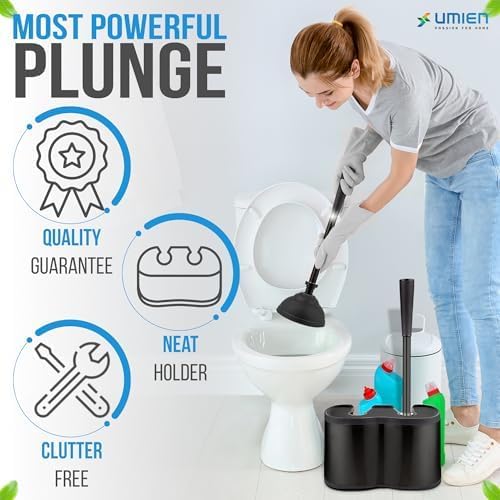 UMIEN 2 Pack Toilet Brush and Plunger Set 18-in - Updated 2025 No-Rust - Stainless Steel Design - Long Handles - with Freestanding Canister (Matte Black)
