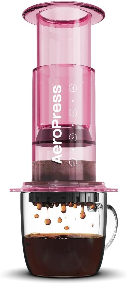 AeroPress Clear Pink Coffee Press – 3 In 1 Brew Method Combines French Press, Espresso, Full Bodied Coffee Without Grit or Bitterness, Small Portable Coffee Maker for Camping & Travel, Pink