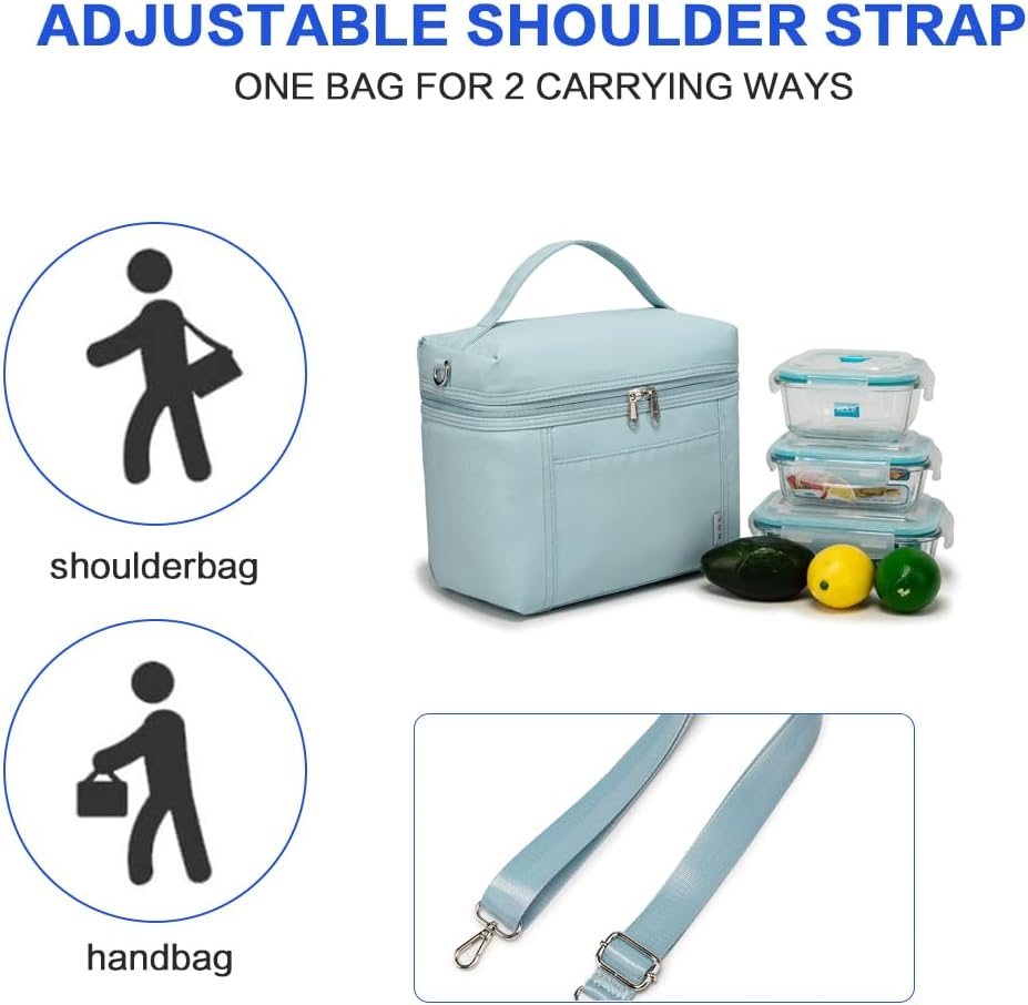 NOL Natural Organic Lifestyle Insulated Lunch Bags for Women Cooler Bag Lightweight Nylon Waterproof Lunch Box For Work (Light blue, Medium(normal))