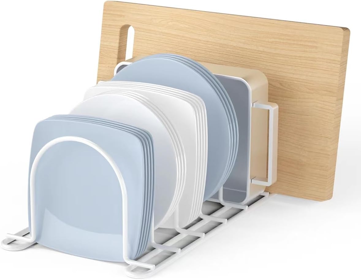 JAQ Pot Lids Holder, 10.5" Kitchenware Dividers Organizer for Plates, Pans, Cutting Boards, Muffin Tins, Baking Sheets in Cabinets Shelf Countertop Pantry (2-Pack, White)