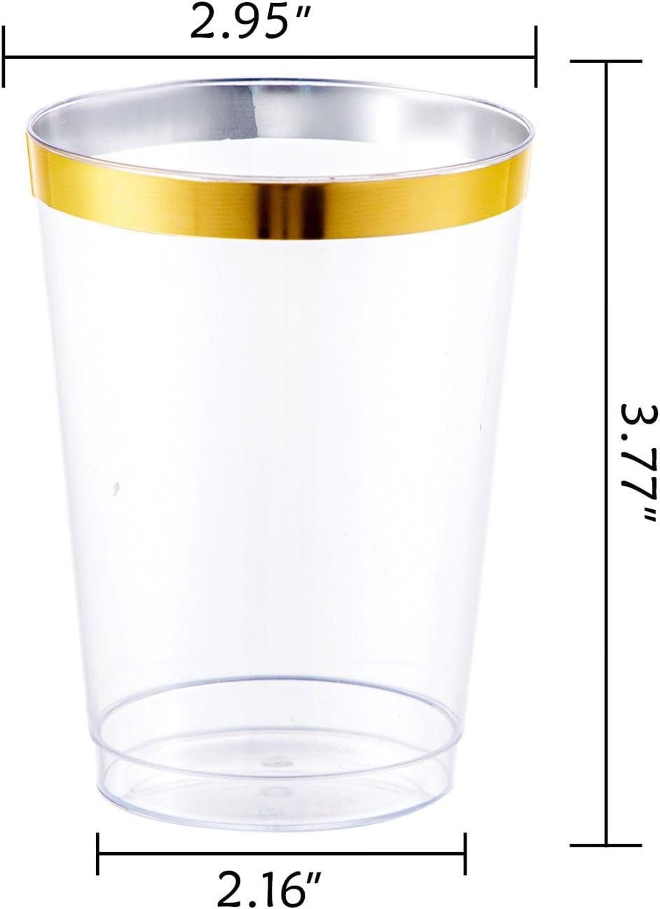 I00000 100PCS Gold Plastic Cups,10 oz Clear Plastic Cups with Gold Trim, Gold Plastic Beer Mugs，Disposable Hard Plastic Cups For Party, Premium Gold Rimmed Plastic Cups Perfect for Wedding & Party