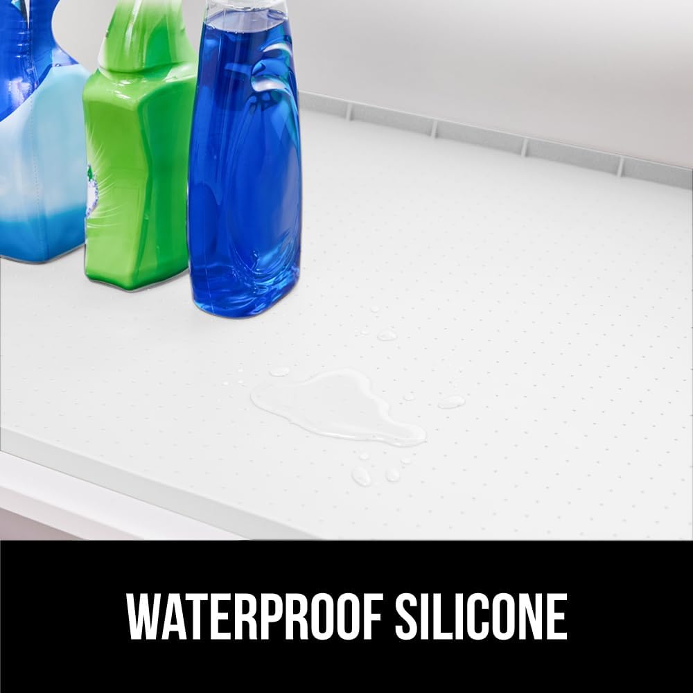 GORILLA GRIP Waterproof Silicone Under Sink Mat with Raised Lip for Kitchen and Bathroom, Cabinet Shelf Liner Stay in Place Mats Dishwasher Safe Drawer Liner, Organizer Tray, 19 x 34 in, White