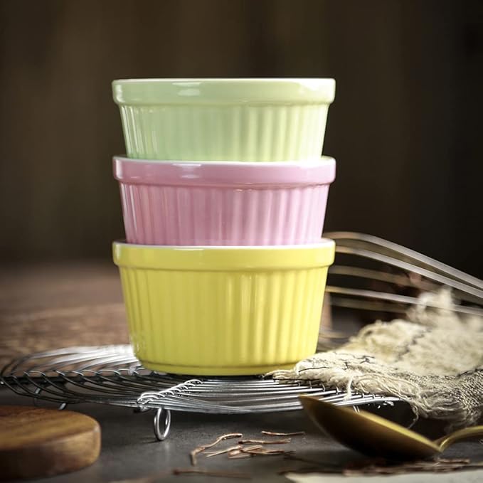 Ramekins 6oz Oven Safe,Creme Brulee Ramekin and Souffle Dishes,Porcelain Baking Bowls,Dipping Sauce Dish.Pudding Cups,Set of 6,Red