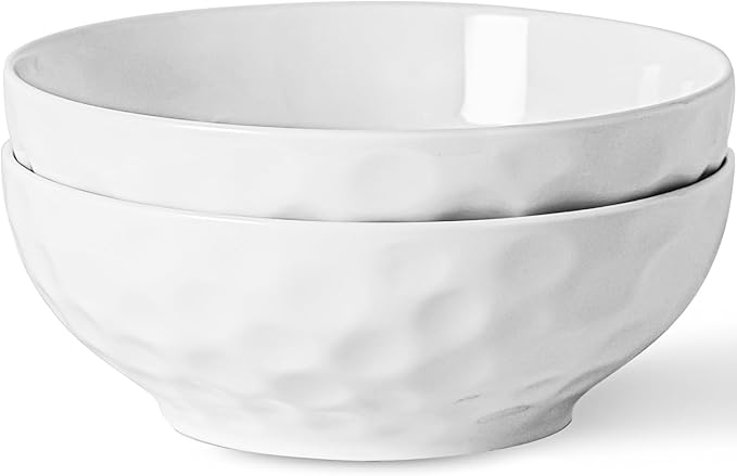 8 Inch Pasta and Salad Bowls, Serving and Soup Bowl Set, Microwave Safe Ceramic Plates, Set of 2, White