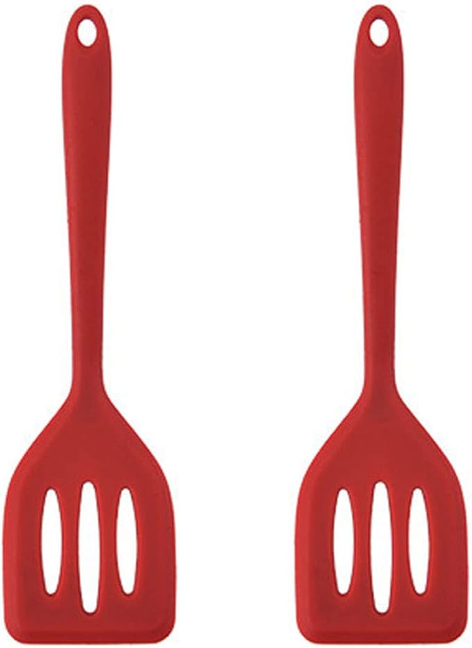 2Pack Small Silicone Turner High Heat Resistant Slotted Spatula for Fish, Eggs, Pancakes and More (12 IN, Red)