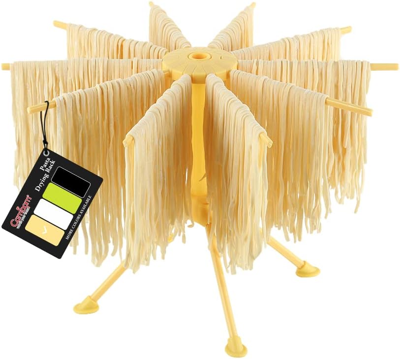 Cambom Foldable Pasta Drying Rack- Plastic Spaghetti Noodle Dryer with 10 Bar Handles Yellow