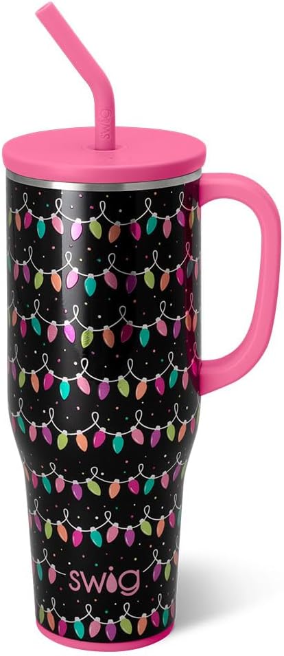Swig Life 40oz Mega Mug, 40oz Tumbler with Handle and Straw, Extra Large Insulated Tumblers, Cup Holder Friendly Travel Mug (Tacky Lights)