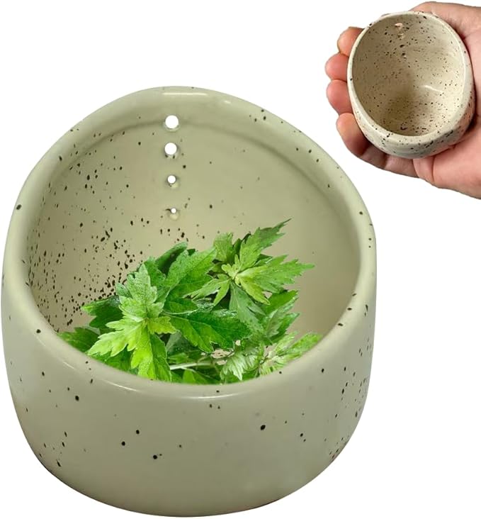 Pottery Herb Stripper Bowl, 2025 Upgrade Pottery Herb Stripper Cup Ceramic Herb Peeling Cup, Handmade Different Round Hole Sizes Suitable for Peeling Off The Leafy Assembly (B)