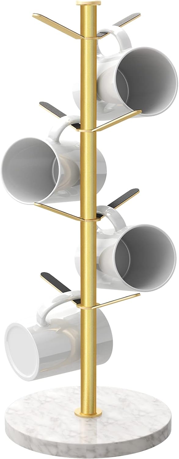 Gold Mug Holder Tree with Marble Base, 8 Hooks Coffee Cups Holder Stand, New Upgrad Stable Removable Mug Rack for Kitchen Cafe