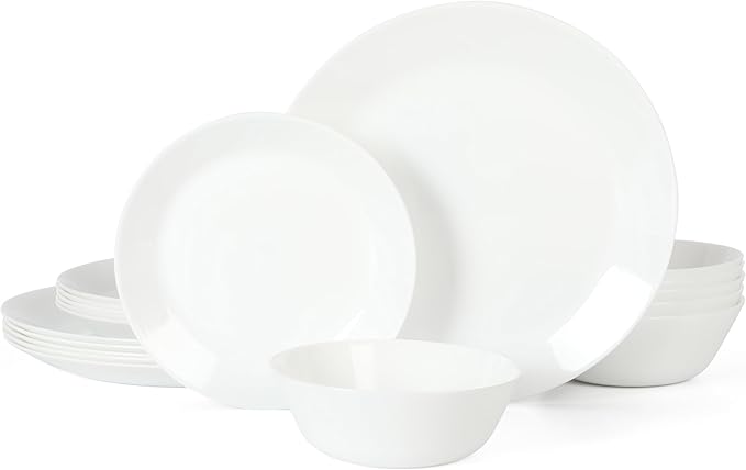Martha Stewart Opalton 18-Piece Dinnerware Set – Chip and Break Resistant Opal Glass Plates and Bowls, Lightweight White Dinner Set for 6, Microwave and Dishwasher Safe