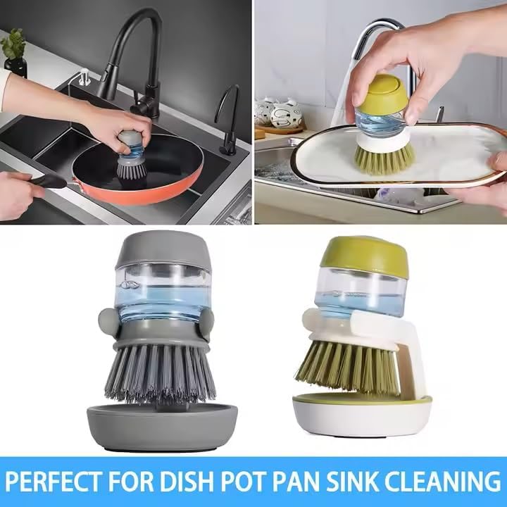 Soap Dispenser Palm Dish Brush with Storage Bracket – Drainage Base, Easy-to-Clean Kitchen Utensil Cleaner | Includes Extra Soft Bristle Brush (Gray&Green)
