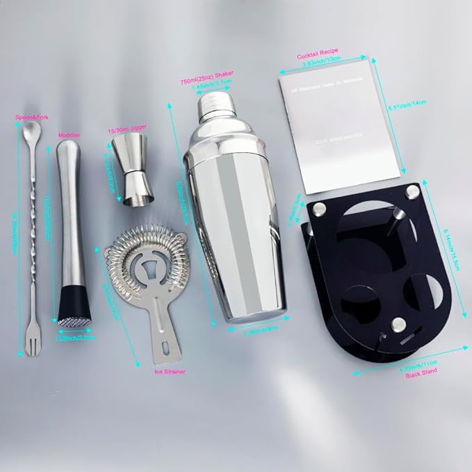 Cocktail Shaker Bartender Kit: 5 Piece Stainless Steel Bar Set, Cocktail Shaker Set with Stand, Drink Mixing Kit Includes Shaker,Strainer,Jigger, Bar Mixer Spoon, Muddler ﻿(750ml(25oz))