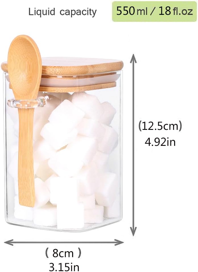 Glass Jar with Bamboo Lid and Spoon,Set of 6 Square 17 OZ Tea Containers for Loose Leaf Tea, Salt and Sugar Containers for Countertop, Yogurt Jars for Overnight Oatmeal