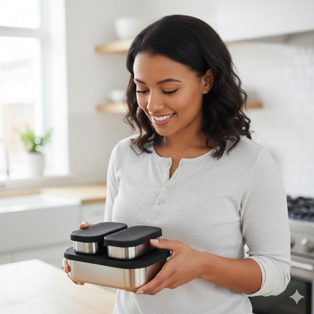 Flexibento - Leak proof Stainless Steel Lunch Box | Lunch Containers with Lids | Steel Bento Box | Meal prep| Snack Containers |Metal lunch Box (Midnight -3PC set (1 * 27 oz + 2 * 6.5oz))