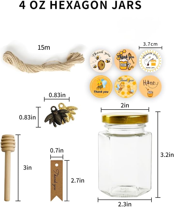 24 Pack 4oz Glass Hexagon Honey Jars Golden Lids - Extra Wooden Honey Dipper Sticks, Bee Charms, Tag String, Thank You Gift Tags, Stickers (Golden 24 Stickers)