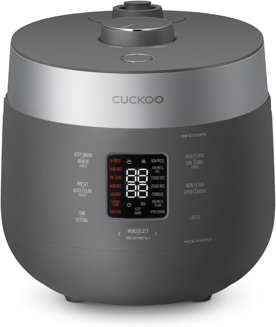 CUCKOO CRP-ST1009FG 10-Cup (Uncooked) / 20-Cup (Cooked) Twin Pressure Rice Cooker & Warmer with Nonstick Inner Pot, 16 Menu Modes, 3 Voice Guide, Auto Clean (Gray)
