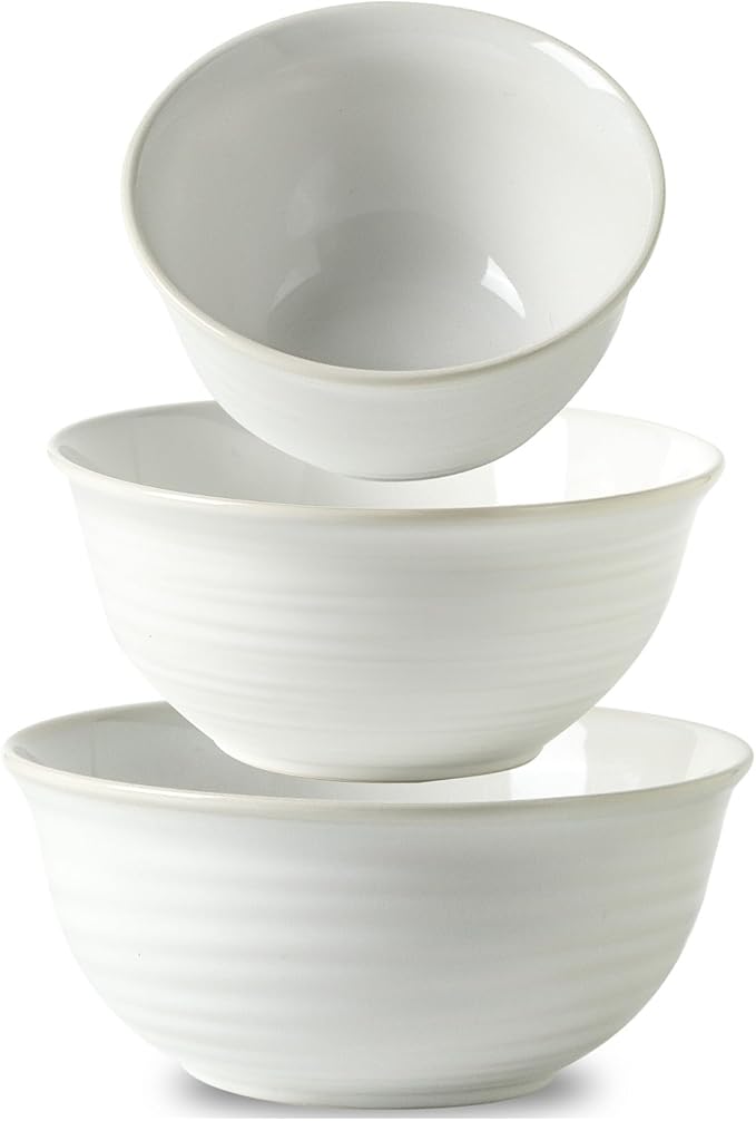 Hasense Mixing Bowls, Ceramic Serving Dishes for Cooking, Baking, Prepping, Nesting Bowls for Salads, Fruit, Popcorn, 2.1/1.5/1.0 Qt, Dishwasher & Microwave Safe, Clay-Infused White