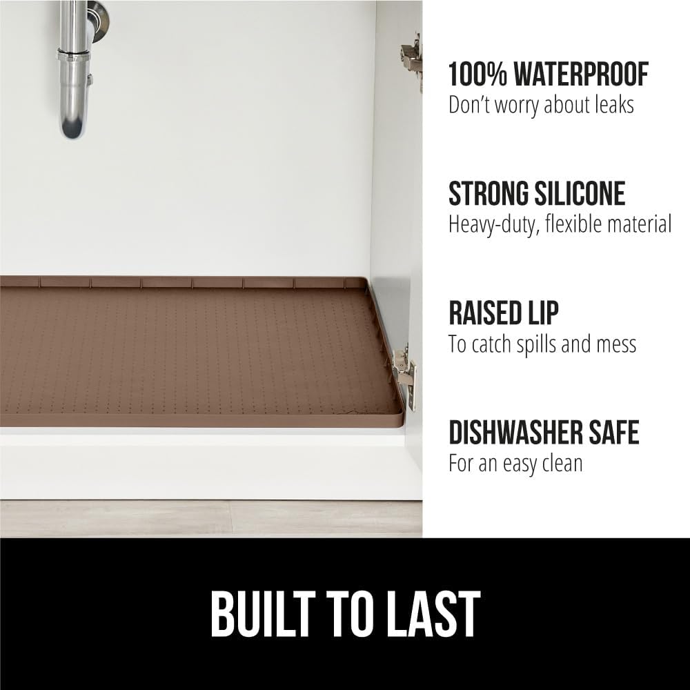 GORILLA GRIP Waterproof Silicone Under Sink Mat with Raised Lip for Kitchen and Bathroom, Cabinet Shelf Liner Stay in Place Mats Dishwasher Safe Drawer Liner, Organizer Tray, 15 x 22 in, Coffee