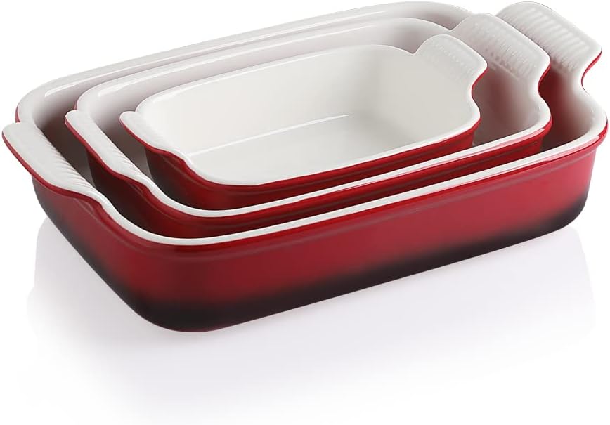 Sweejar Baking Pans Set, Ceramic 9x13 Baking Dish with Handle, Rectangular Casserole Dishes for Oven, Bakeware Sets of 3, Durable Lasagna Pan Deep for Kitchen, Banquet, Wedding Gift(Gradient Red)