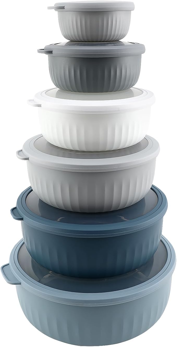 COOK WITH COLOR Prep Bowls with Lids- Wide and Deep Nesting Plastic Small Mixing Bowl Set with Lids, 12 Piece Set - Wide Bowls, Blue/Grey