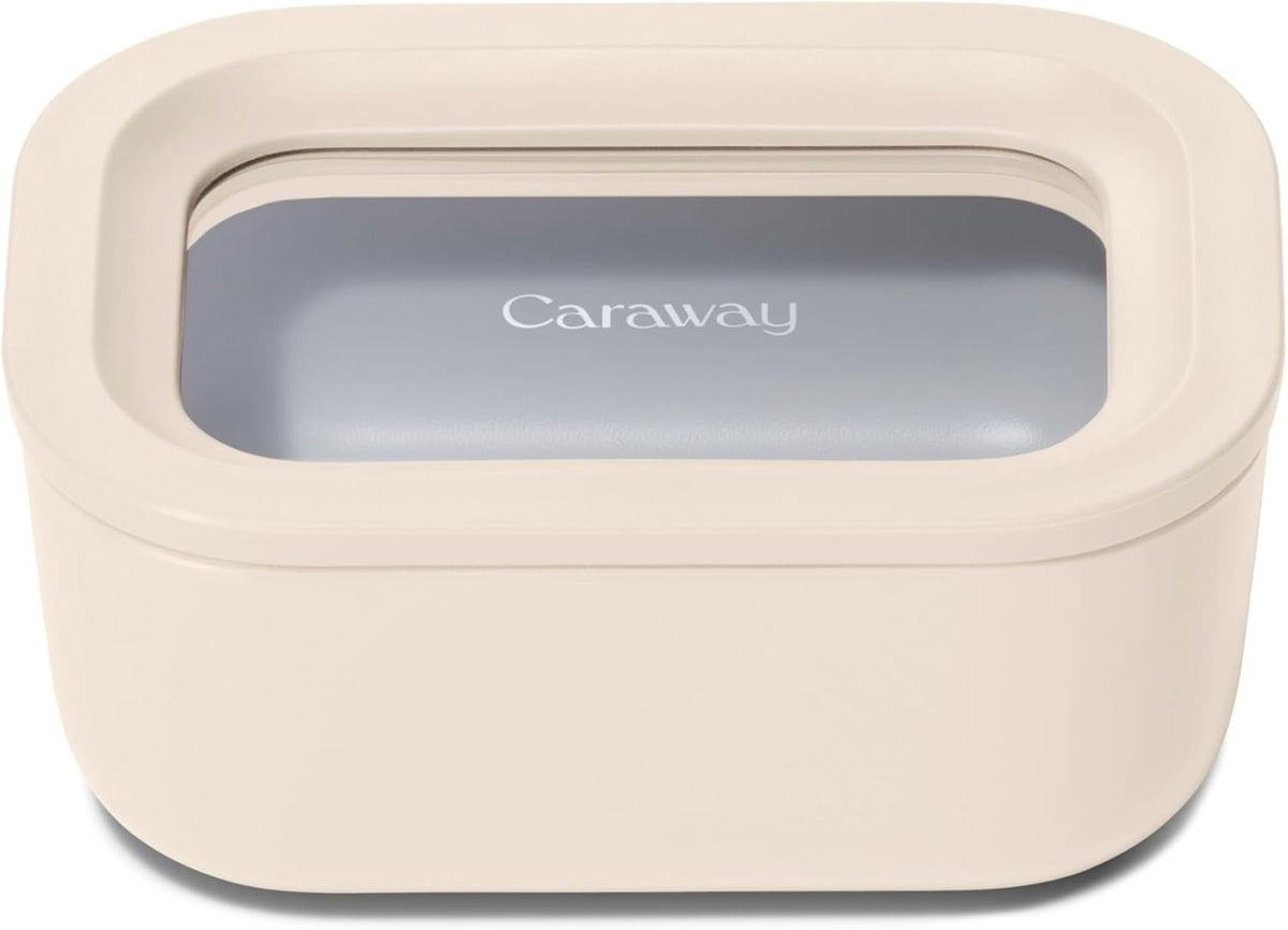 Caraway Mini Rectangle Food Storage Container - 2.6 Cup Glass Storage Container for Food - Non-Toxic Ceramic-Coated Glass - Air Release Technology - Compact & Stackable Design - Cream