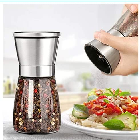 Professional Pepper Grinder - with Germany Hardened Carbon Steel Mechanism Rotor, Refillable Pepper Mill 6OZ Glass Adjust Coarseness (1PCS-Sliver-304）