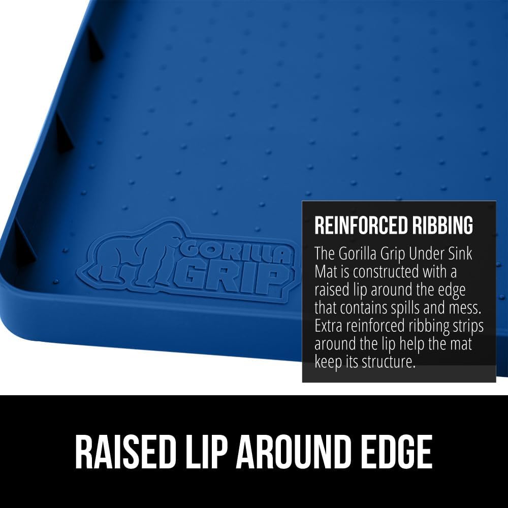 GORILLA GRIP Waterproof Silicone Under Sink Mat with Raised Lip for Kitchen and Bathroom, Cabinet Shelf Liner Stay in Place Mats Dishwasher Safe Drawer Liner, Organizer Tray, 19 x 34 in, Blue