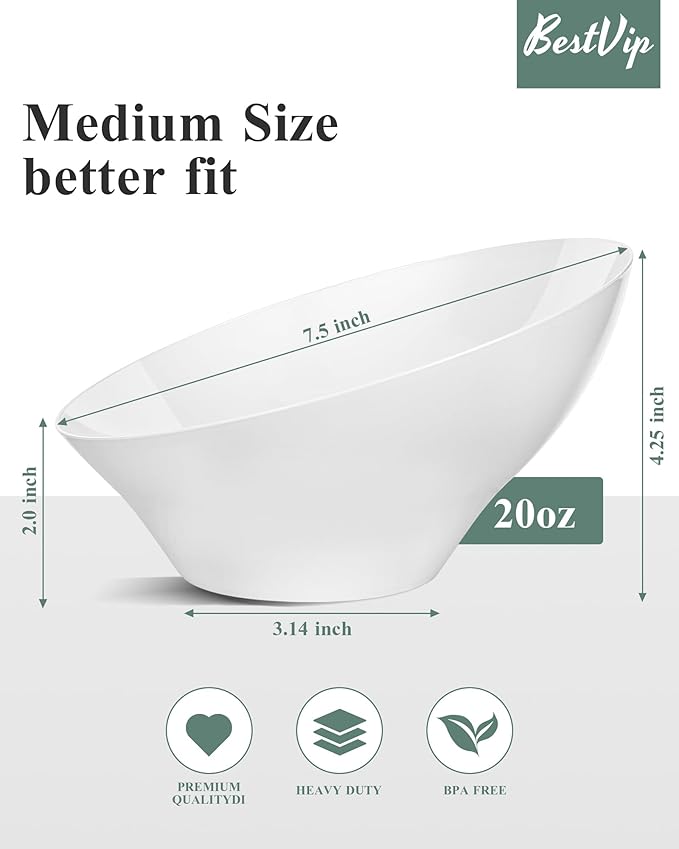 BESTVIP 12 Pack 20oz Angled Disposable Serving Bowls - White Plastic Serving Bowls for Party, Party Bowls for Chips, Snacks, Fruit, Salad - Bowls for Parties, Daily Use,Halloween, Christmas