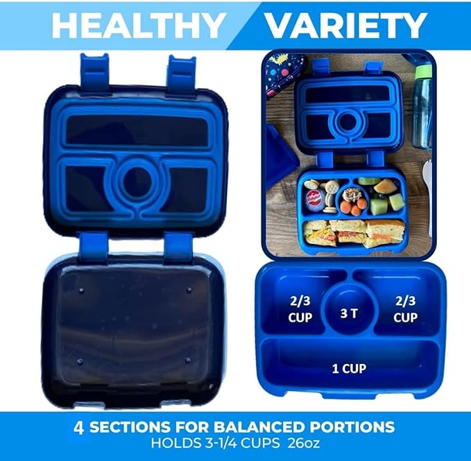 Kids Lunch Box - Bento Box for Boys Toddler Daycare, 4 Portion Sections with Lid, Snack Container Pre-School Kid Lunches Toddlers Removable Tray BPA Free, 3+ Years Old, Blue Rocket Dinosaur