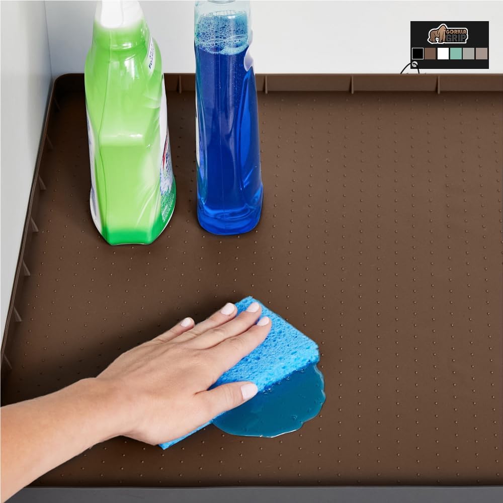 GORILLA GRIP Waterproof Silicone Under Sink Mat with Raised Lip for Kitchen and Bathroom, Cabinet Shelf Liner Stay in Place Mats Dishwasher Safe Drawer Liner, Organizer Tray, 15 x 22 in, Coffee